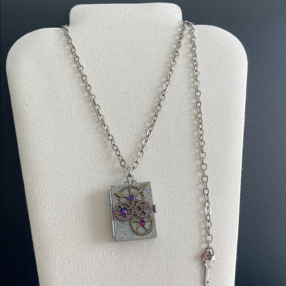 Fantasy Pendant/necklace modern artwork time machine box, 11” length. Metal